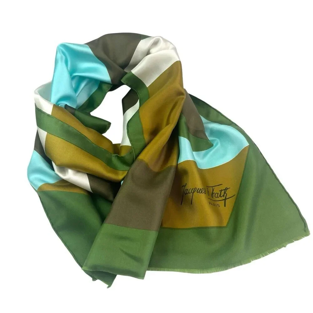 Vintage JACQUES FATH Paris 100% Silk Skinny Scarf 60x16 in Geometric Green Brown